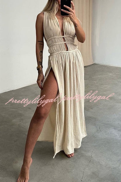Boho with Elegance Linen Blend Braids Belt Cutout Slit Kaftan Maxi Dress