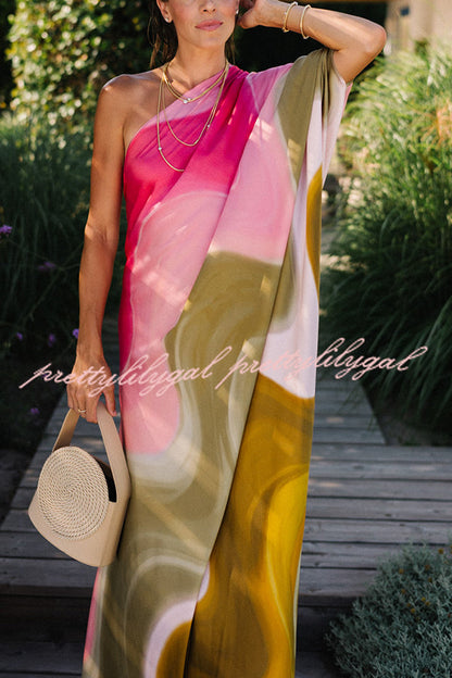 Summertime Favorites Satin Tie Dye Print One Shoulder Drape Vacation Maxi Dress