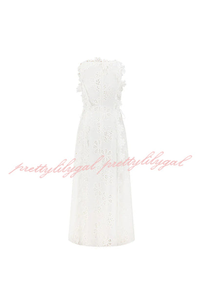 Mairi Embroidery Hollow Fabric Delicate Flower Trim Side Lace-up Maxi Dress