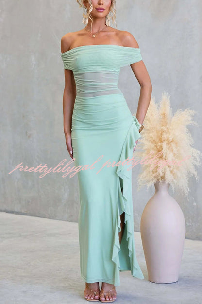 Sexy Mesh Off-shoulder Slim Fit Ruffled Slit Maxi Dress