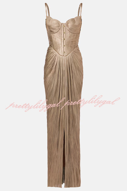 Vegas Queen Metallic Pleated Sculpted Bodice Back Lace-up Drape Maxi Dress