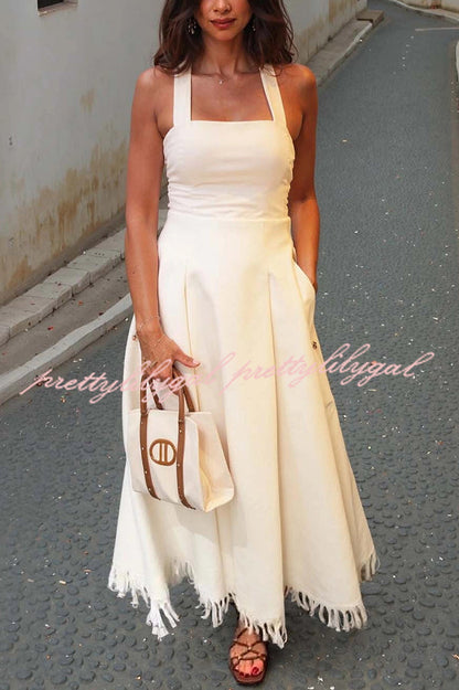 Bohemian Square Neck Pocket Tassel Holiday Maxi Dress