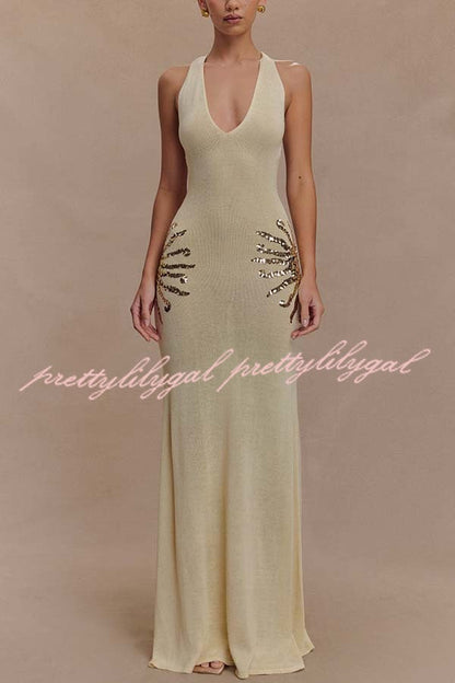 Sparkling Nights Knit Sunburst Sequin Detail Back Cross Straps Stretch Maxi Dress