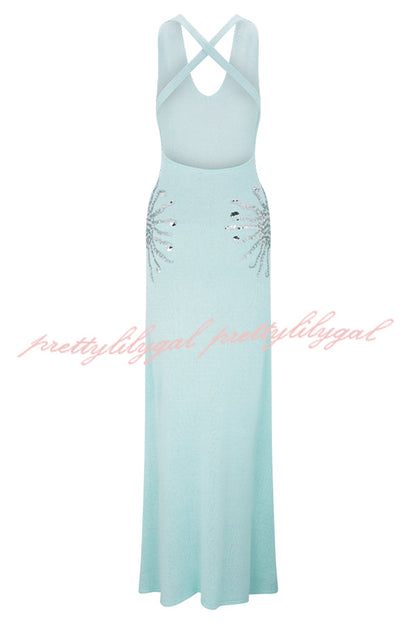 Sparkling Nights Knit Sunburst Sequin Detail Back Cross Straps Stretch Maxi Dress
