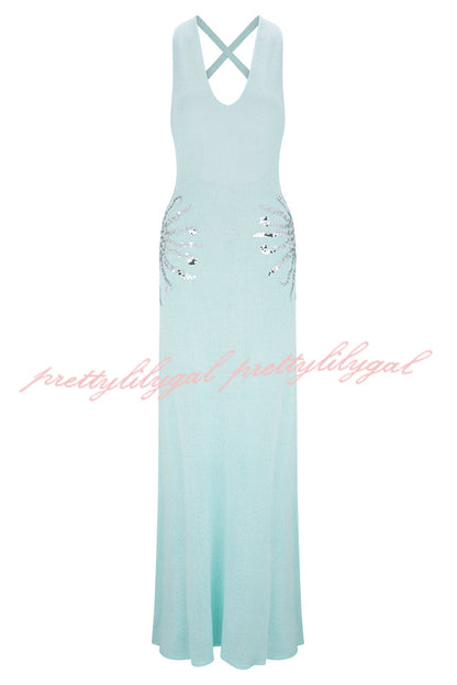 Sparkling Nights Knit Sunburst Sequin Detail Back Cross Straps Stretch Maxi Dress