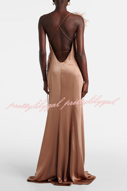 Celebration Night Satin Feather Trim Wrap Tie-up Slit Gown Maxi Dress