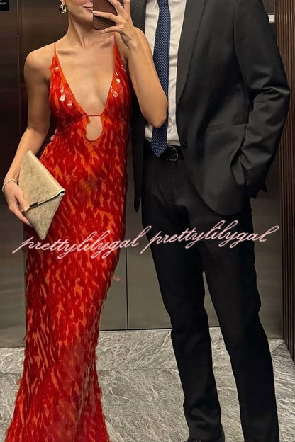 Reshape Beauty Fish Scale Sequin Cutout U-neck Slip Maxi Dress