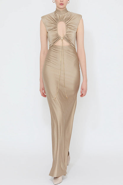 Genis Hollow Elastic Bust High Neck Sleeveless Gathered Maxi Dress