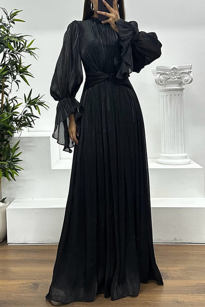 Ellah Shiny Fabric Chinese Stand Collar Twist Waist Balloon Sleeve Maxi Dress