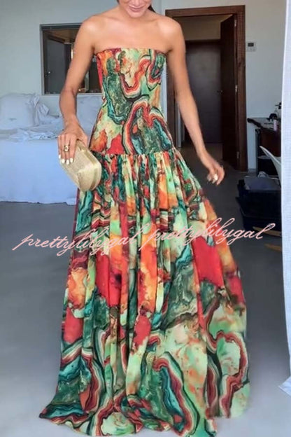 Vacay Vibes Colorful Lava Print Off Shoulder Smocked Scarf Maxi Dress