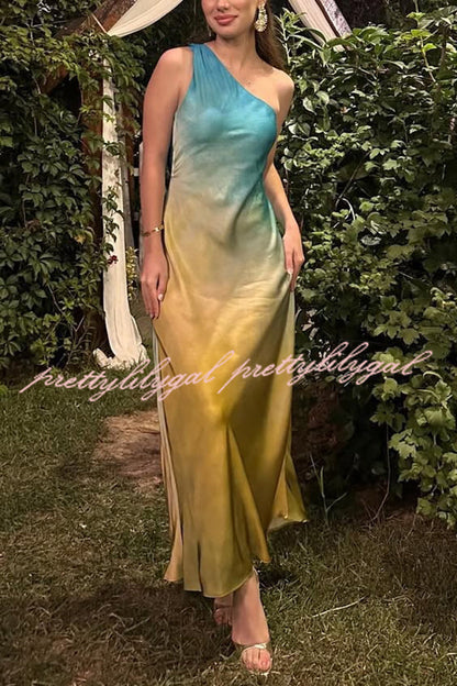 Satin Ombre One Shoulder Backless Fitted Maxi Dress