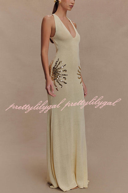 Sparkling Nights Knit Sunburst Sequin Detail Back Cross Straps Stretch Maxi Dress