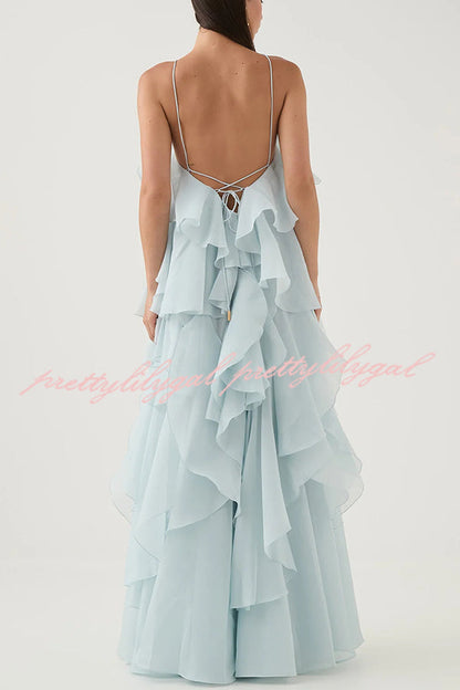 Free - Flowing Rose Detail Tiered Ruffles Halter A-line Maxi Dress