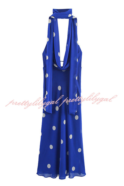 Fashion Polka Dot Print Sexy Halter Neck Backless Maxi Dress