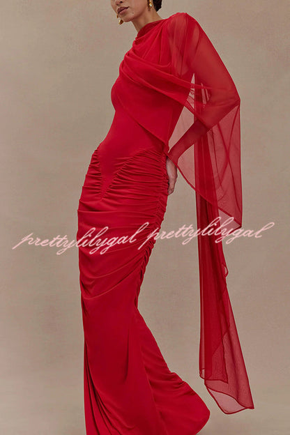Fashionable Mesh Shawl Sleeveless Slim Fit Pleated Maxi Dress