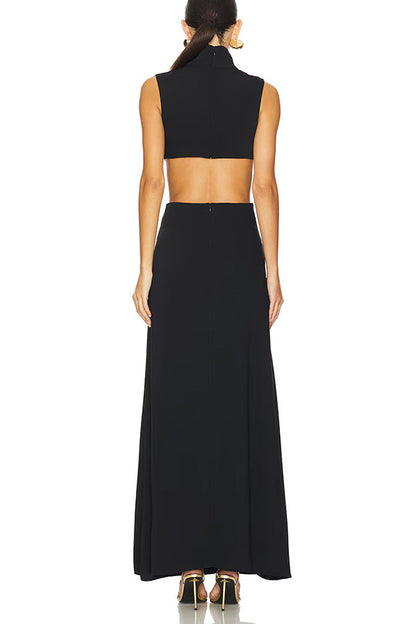 Avery High Neck Metal Decoration Cutout Waist Maxi Dress
