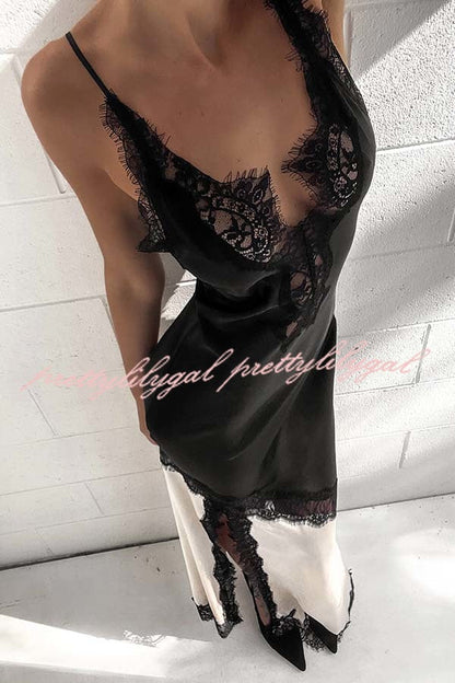 Soft and Romantic Satin Lace Trim Colorblock V-neck Side Slit Maxi Dress