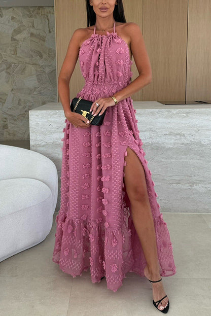 Gloria Embroidery Flowers Elastic Waist Halter Backless Slit Maxi Dress
