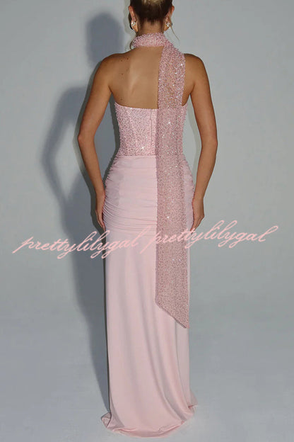 Carina Sequined and Satin Jersey Off Shoulder Ruched Knot Drape Maxi Dress