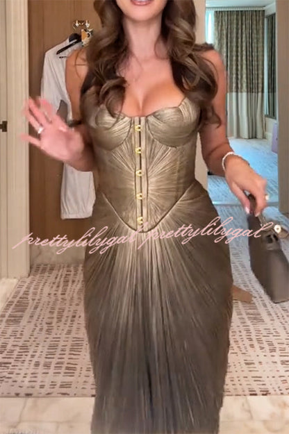 Vegas Queen Metallic Pleated Sculpted Bodice Back Lace-up Drape Maxi Dress
