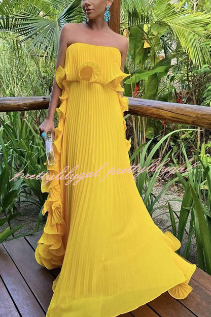 Reina Chiffon Pleated Wavy Ruffles Trim Strapless Loose Maxi Dress