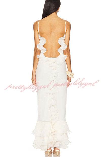Alisin Pleated Chiffon Wavy Ruffles Trim Slip Maxi Dress