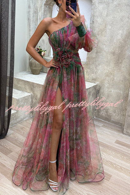 Picturesque Beauty Tulle Floral Pleated One Shoulder Sleeve Slit Maxi Dress