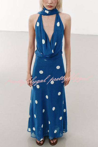 Fashion Polka Dot Print Sexy Halter Neck Backless Maxi Dress