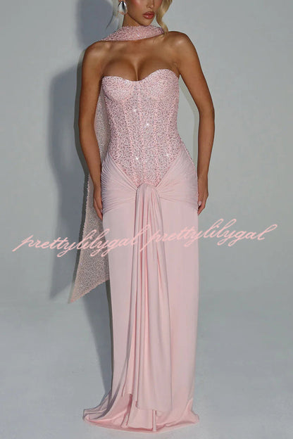Carina Sequined and Satin Jersey Off Shoulder Ruched Knot Drape Maxi Dress