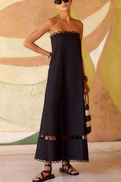 Gina Linen Blend Scallop Cutout Trim Strapless A-line Midi Dress