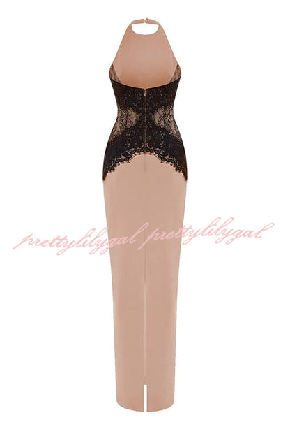 Sexy Halterneck Lace Paneled Backless Slim Maxi Dress