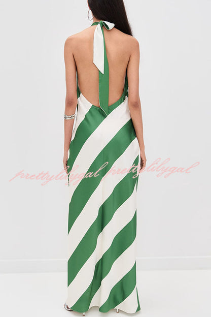 Most Dreamy Stripe Print Halter Tie-up Backless Pocket Loose Maxi Dress