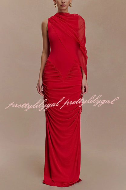 Fashionable Mesh Shawl Sleeveless Slim Fit Pleated Maxi Dress