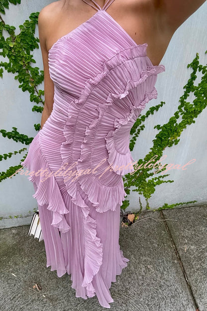 Dream Ode Lily Pad Style Pleats and Ruffles Halter Gown Maxi Dress
