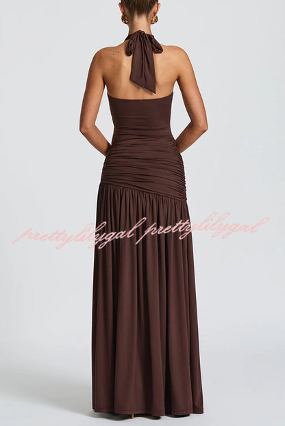 Solid Color Halter Neck Backless Slim Fit Pleated Slit Maxi Dress