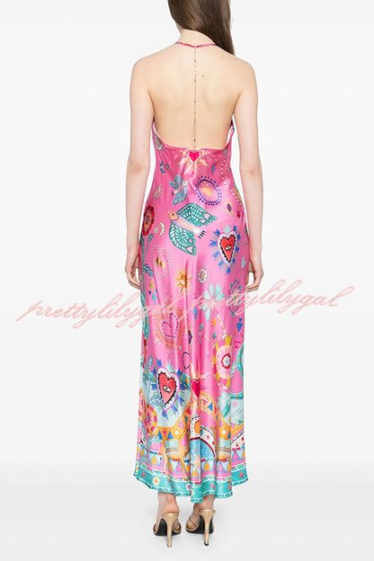 Effortless Chic Satin Unique Print Back Chain Detail Slip Maxi Dress