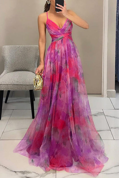 Giselle Tulle Render Floral Print Cutout Waist Back Lace-up Maxi Dress