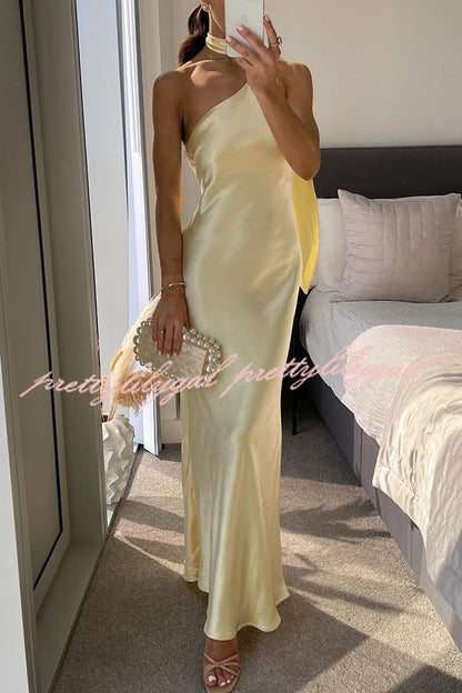 Flowing Elegance Satin One Shoulder Scarf Maxi Dress