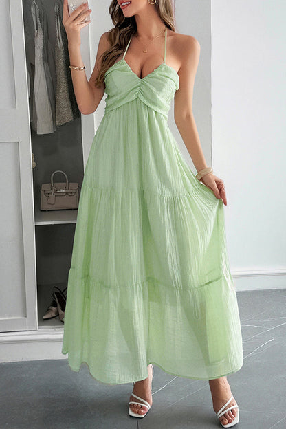 Solid Color Halterneck Tie Casual Holiday Style Maxi Dress