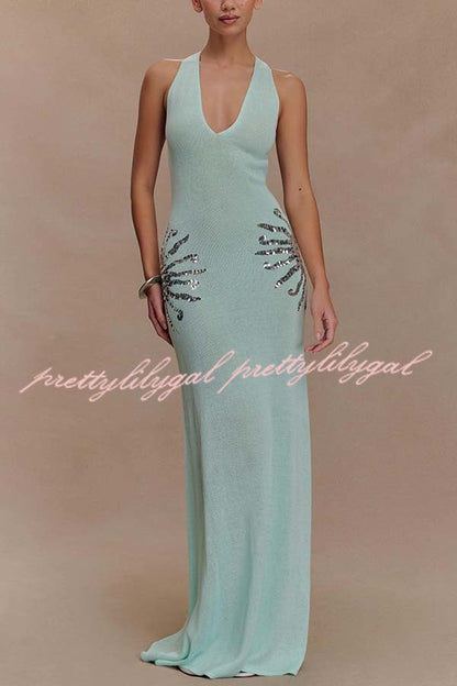 Sparkling Nights Knit Sunburst Sequin Detail Back Cross Straps Stretch Maxi Dress