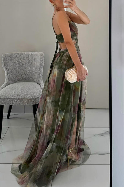 Giselle Tulle Render Floral Print Cutout Waist Back Lace-up Maxi Dress