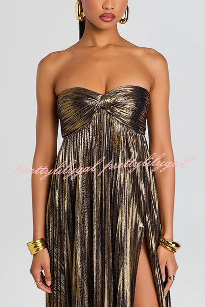 Metallic Sexy Tube Top Pleated High Slit Maxi Dress